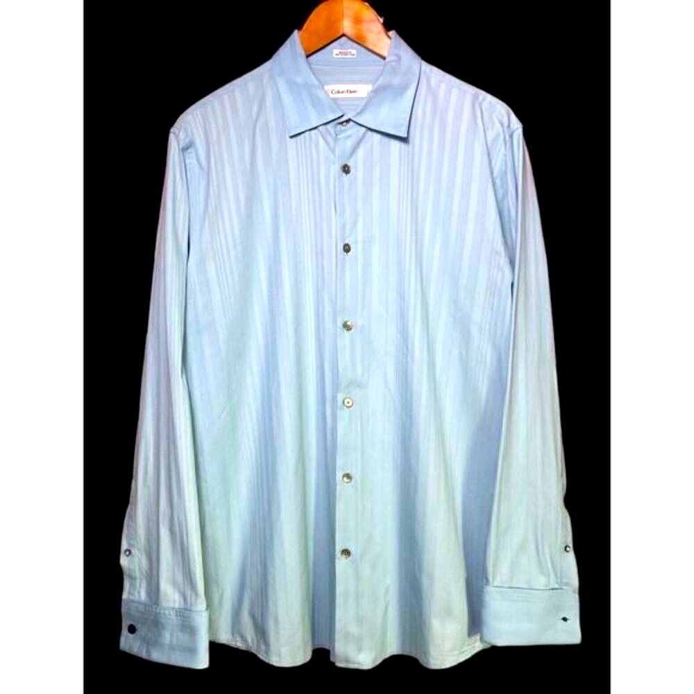 Calvin Klein Men Button Up Shirt Teal Striped Long Sleeve 100% Cotton‎ Size L